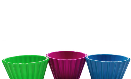 Three colorful bowls isolatedの写真素材