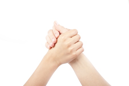 two hands with coperation on whiteの写真素材