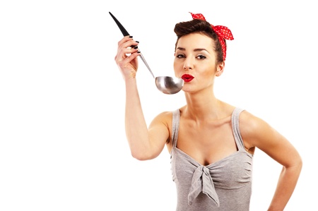 Woman in Pin-up style on white background smilingの写真素材