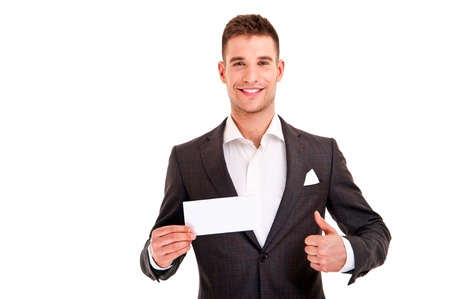 Happy smiling business man showing blank signboard, isolatedの写真素材