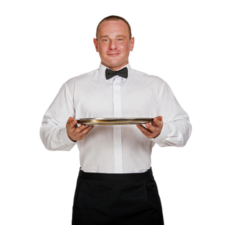 Waiter holding tray. isolated over white background.の写真素材