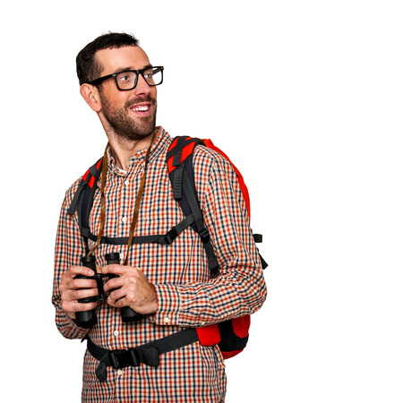 Backpacker man isolated over white backgroundの写真素材