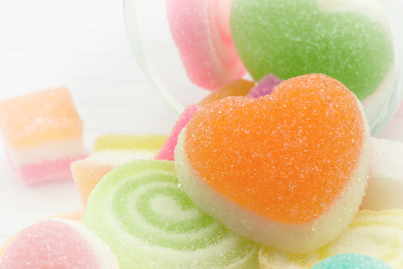 Sweet jelly candies and jelly hearts in soft color and partial blurred style for backgroundの写真素材
