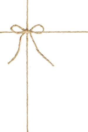 Natural brown jute twine hemp rope, tie a knot / bow in the middle of the cord. Isolated on white background. For multiple layer processing / decorated elements in several photo editor programs.の写真素材