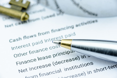Blue ballpoint pen on a firm's annual report when the statement of cash flows has been analysed by...