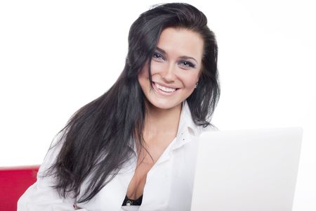 Attractive sexual woman with notebook look at you and smile - white backgroundの写真素材