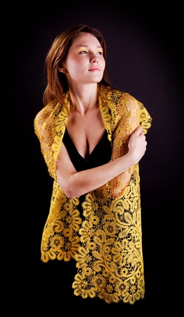 Beauty woman in yellow tippetの写真素材