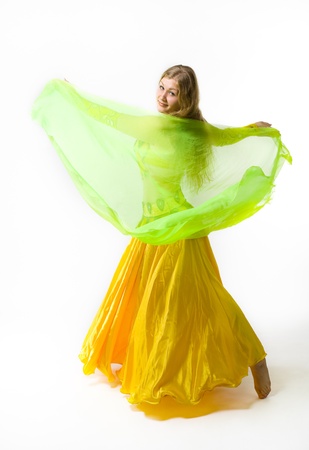 young girl dance with green veilの写真素材