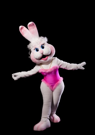 bunny girl mascot costume dance on blackの写真素材
