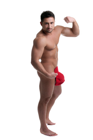 Shot of handsome naked man posing at camera, isolated on whiteの写真素材