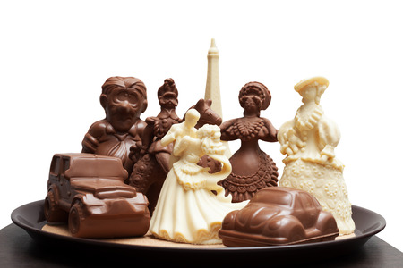Tray with variety of chocolate figurines, isolated on whiteの写真素材