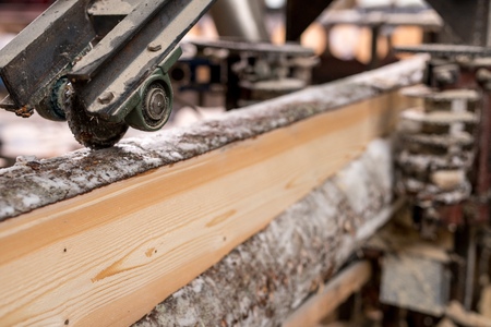 At sawmill. Image of cut wood using machine, close-upの写真素材