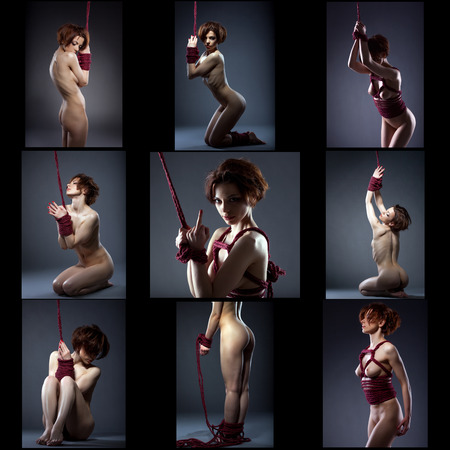 Collage of nude woman tied with rope in shibari styleの写真素材