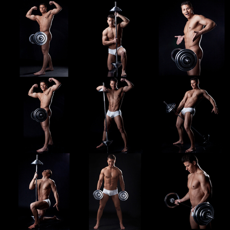 Collage of cheerful muscular man posing with barbellの写真素材