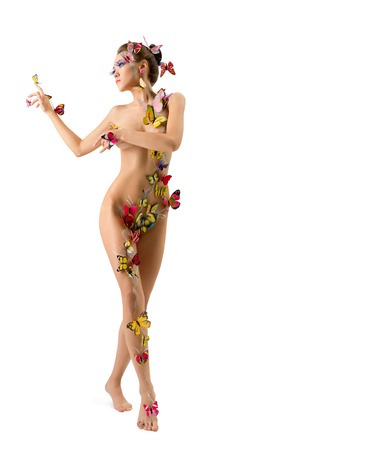 Nude girl with butterflies. Isolated on white backgroundの写真素材