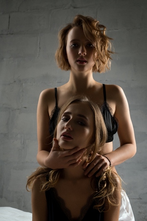 Two sexy girls in lingerie against brick wallの写真素材