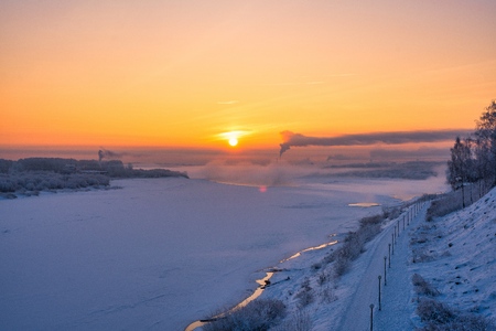 Gorgeous Russian winter landscape view at sunsetの写真素材