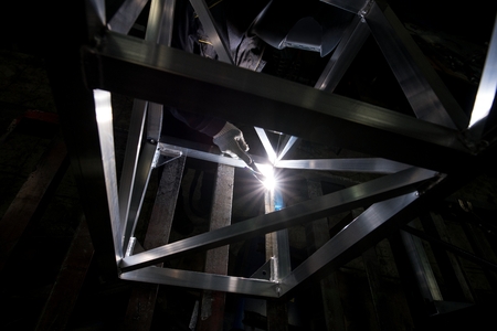 View of a worker doing argon weldingの写真素材