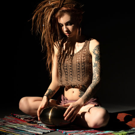 Blonde with dreadlocks playing tapidrum viewの写真素材