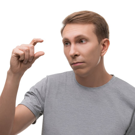 Man gesticulating with emotion isolated on white portraitの写真素材