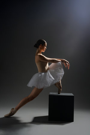 Ballerina performing an elegant pose on a stage with dramatic lightingの写真素材
