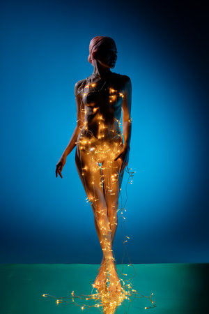 Captivating beauty of a woman adorned in lights against a bold backdropの写真素材