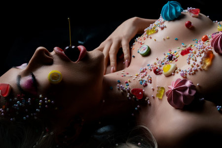 Woman adorned with colorful body art and sweets in a creative displayの写真素材