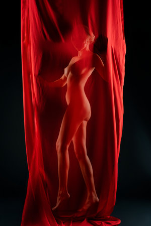 Nude female model artistically posed with flowing red fabric in studio settingの写真素材