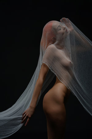 Nude woman in sheer fabric poses elegantly against a dark backdropの写真素材