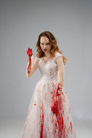 Blood-covered bride with katana prepares for a dramatic confrontationの写真素材