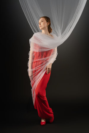 Woman poses confidently in a flowing red dress with sheer fabric draping in a studio settingの写真素材