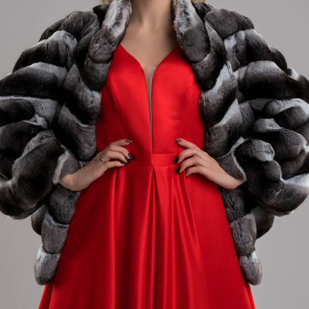 Elegant red dress paired with a luxurious fur coat in a stylish settingの写真素材