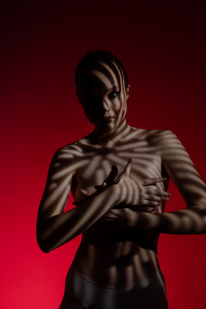 Elegant woman poses topless with artistic shadow patterns against a red backdropの写真素材