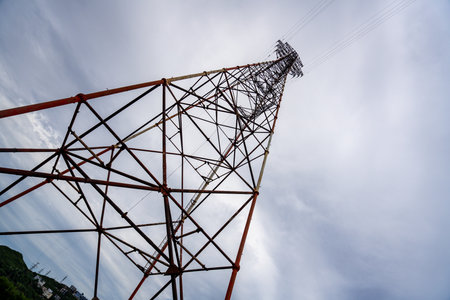 Vladivostok shows a tall communication tower against a cloudy skyの写真素材