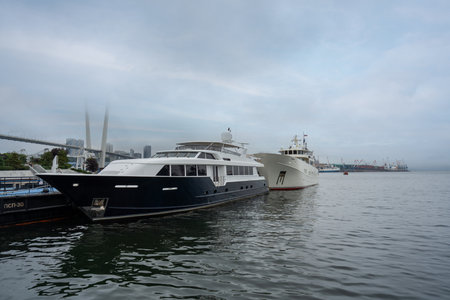 Boats docked at the harbor in Vladivostok, showcasing nature and city skyline