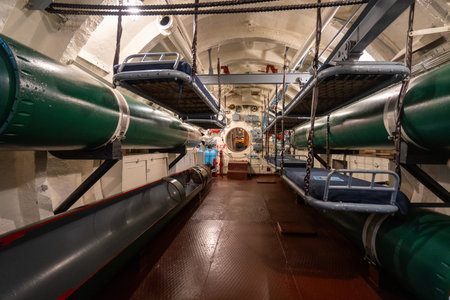 Exploring the interior of a Soviet submarine in Vladivostok, Russiaの写真素材