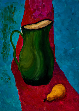 Vibrant still life featuring a green pitcher and a yellow pearの写真素材
