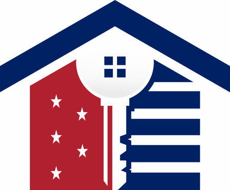 House with American flag and key in the shape of a house.のイラスト素材