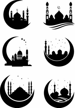 mosque and crescent icons set isolated on white background, vector illustrationのイラスト素材