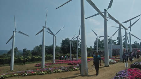 view of windmills in the mountainsの写真素材