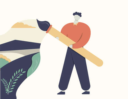 people drawing at life flat illustration with big brushのイラスト素材