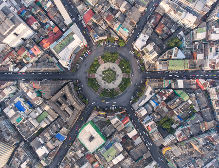 Top view city , Aerial view road , Expressway with car lots in the city in Thailand. Beautiful Street at downtown.Road roundaboutのeditorial素材