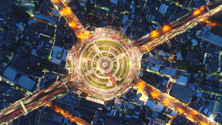 Top view city , Aerial view road , Expressway with car lots in the city in Thailand. Beautiful Street at downtown.Road roundaboutのeditorial素材