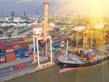 container,container ship in import export and business logistic,By crane,Trade Port , Shipping,cargo to harbor.Aerial view,Water transport,International,Shell Marine,transportation,logistic,trade,portのeditorial素材