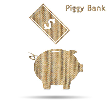 burlap piggy bank isolated on white backgroundの写真素材
