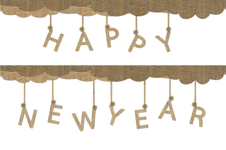 hanging happy new year words isolated on white design from burlapの写真素材