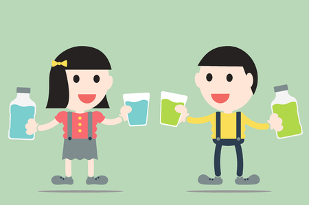 dental cartoon vector, boy and girl are rinse them mouth by mouthwashのイラスト素材