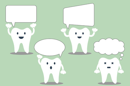 tooth cartoon, set of teeth with various speech bubble. talking teeth. place for your text.のイラスト素材