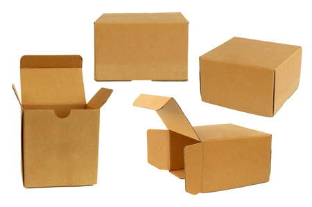 set of brown cardboard box isolated on white backgroundの写真素材