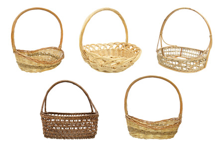 set of empty wicker basket isolated on whiteの写真素材